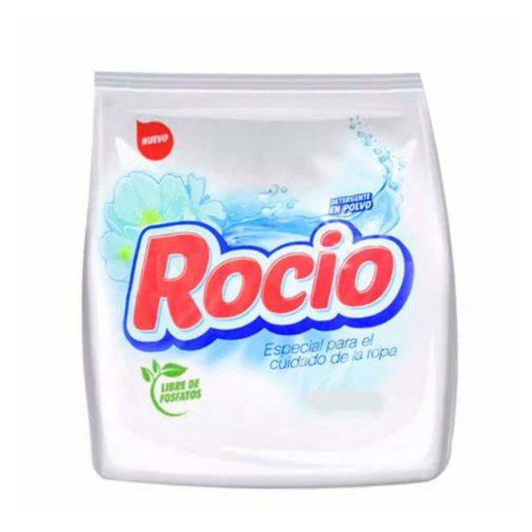 Rocío powder detergent for laundry, phosphate-free, 500g package, placed on a clean surface with the product label visible.