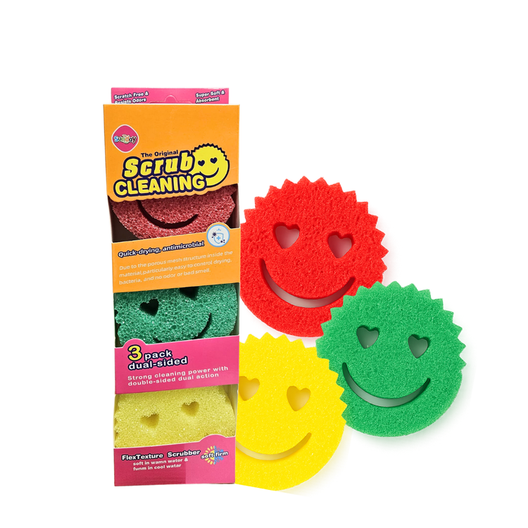 Three Farmacias Savia Original Scrub Cleaning Sponges in a pack, showing textured surface for effective cleaning.