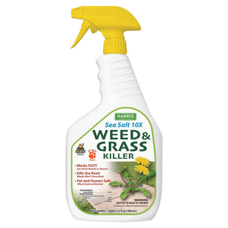 Sea Salt 10X Weed and Grass Killer in a 32 oz bottle, used for garden weed control, from Farmacias Savia.