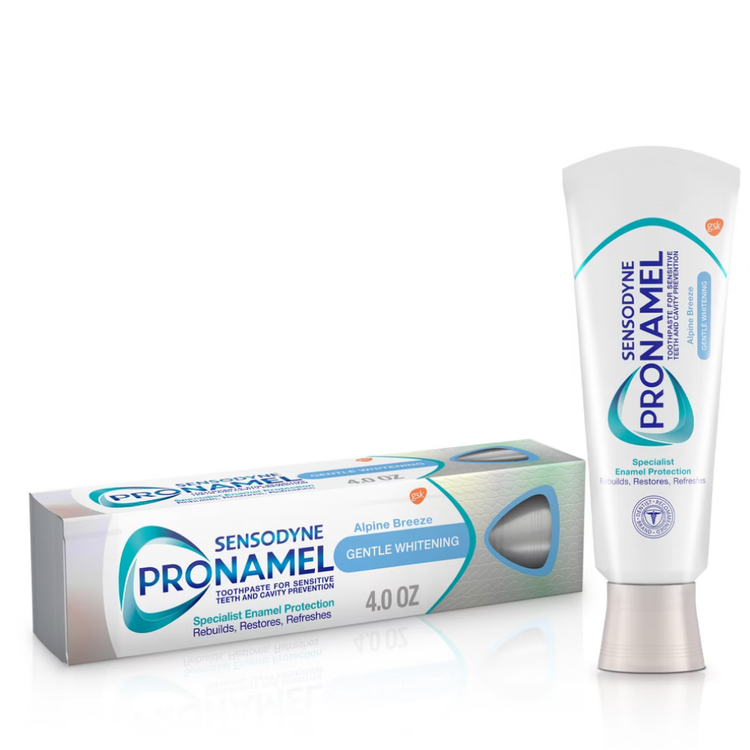 Sensodyne Pronamel Gentle Whitening Toothpaste in 4 oz tube, designed for sensitive teeth and enamel protection.