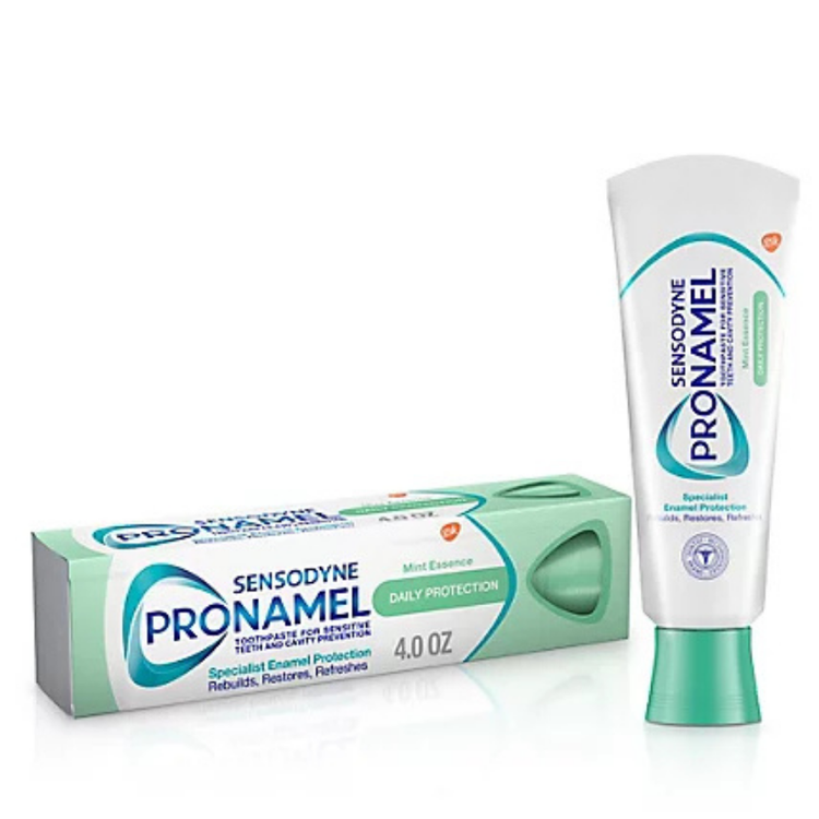 Sensodyne Pronamel Mint Essence toothpaste in a 4 oz tube, designed for sensitive teeth and oral care.