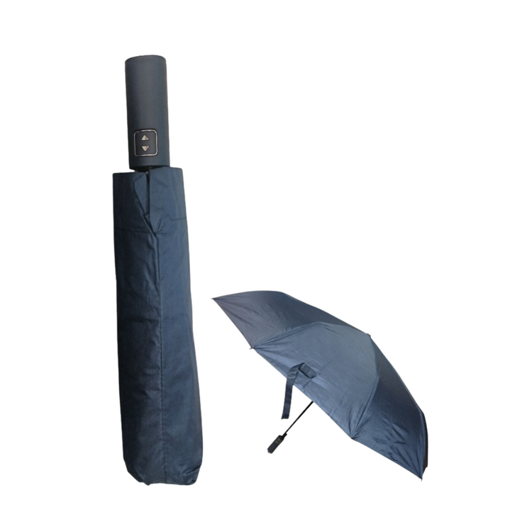 Farmacias Savia compact travel umbrella with a foldable design, shown open with black canopy and sturdy handle.