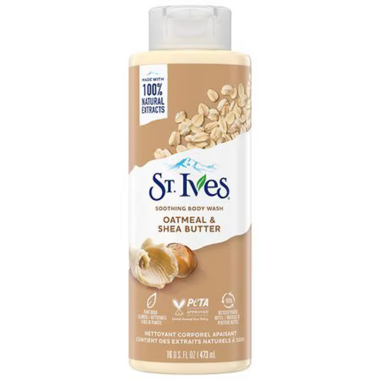 St. Ives oatmeal and shea butter soothing body wash in 16 oz bottle, gentle skincare product for hydration and comfort