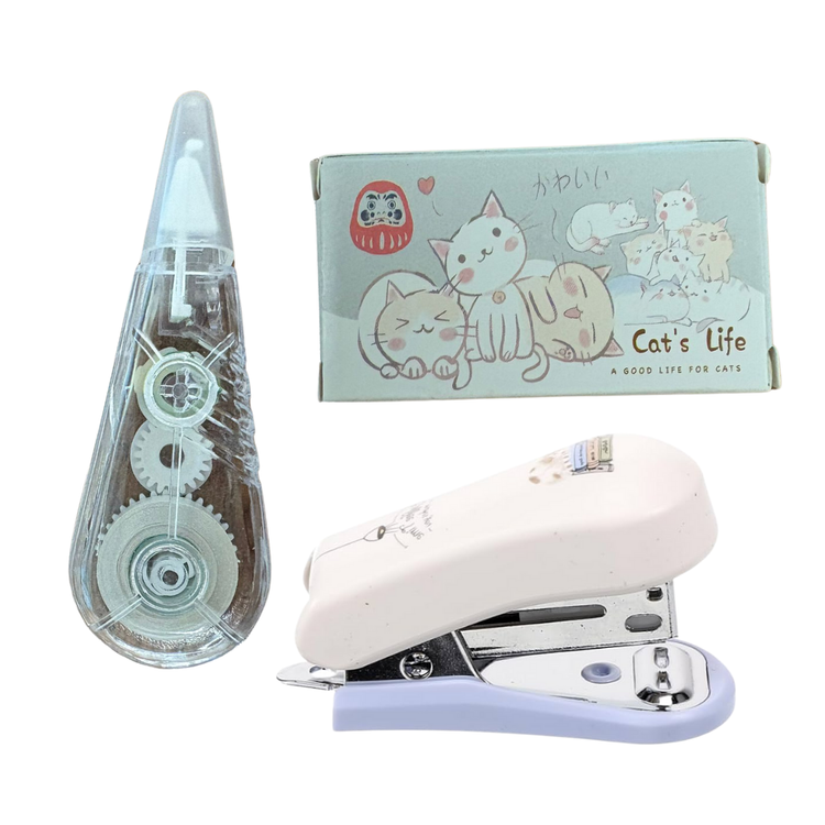 Complete school stationery set with stapler, liquid correction fluid, and office clips, ideal for school and office use.