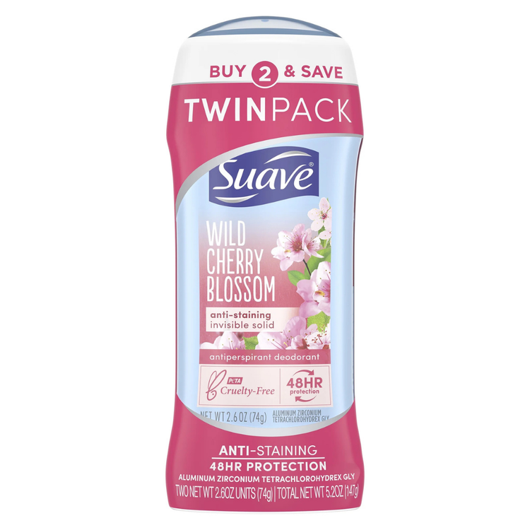 Twin pack of Suave Wild Cherry Blossom invisible solid antiperspirant deodorants, 5.2 oz each, with floral cherry blossom scent.