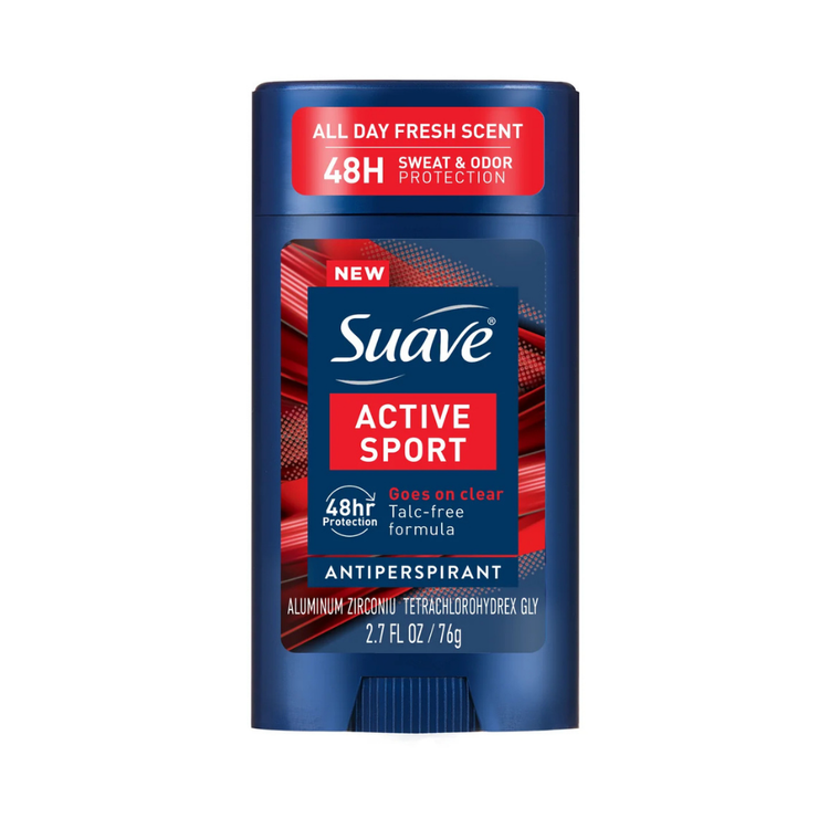 Suave Men Active Sport antiperspirant deodorant spray in 2.7 oz bottle, featuring a fresh, athletic scent for men.