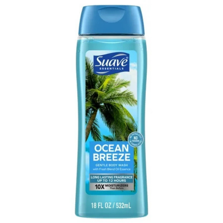 Suave Ocean Breeze body wash in a clear 18 oz bottle, featuring a blue label with ocean-inspired design and brand logo.