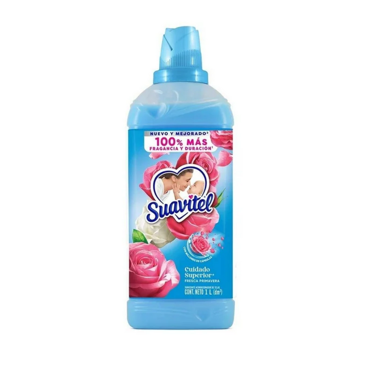Suavitel Cuidado Superior fabric softener bottle for laundry, 25 oz, in a plastic container with a purple and white label.