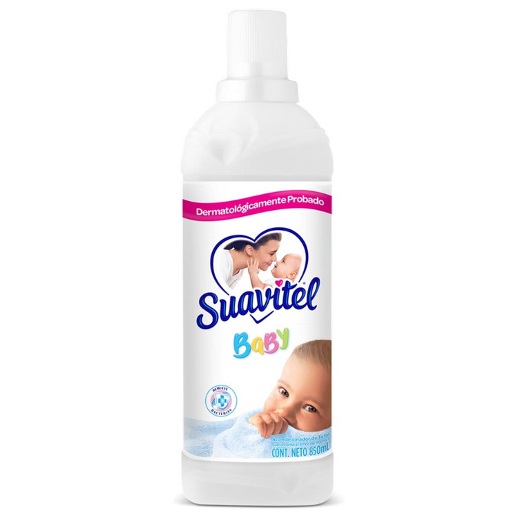 Suavitel Baby Fabric Softener 25 oz bottle, gentle for baby clothes, shown with soft fabric background, from Farmacias Savia.