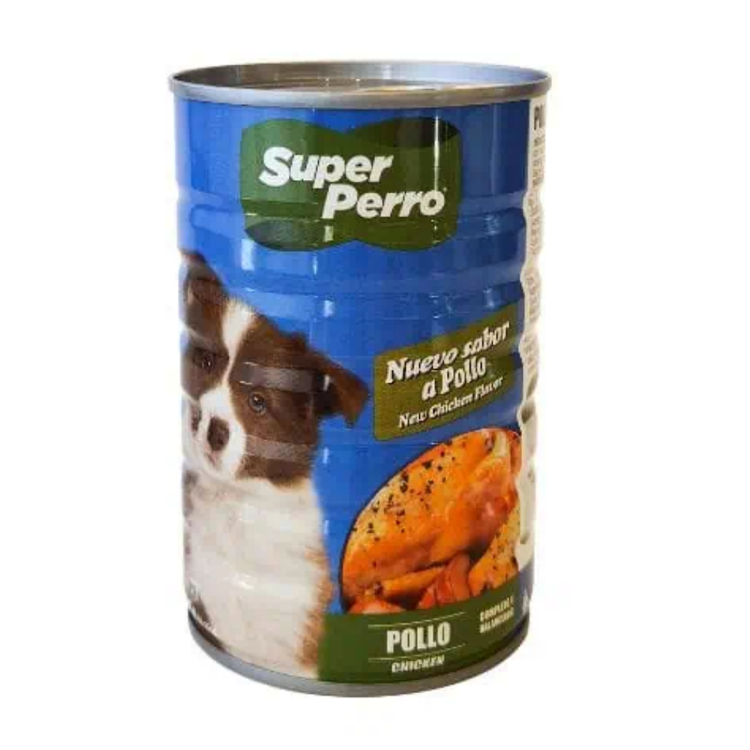 Canned Super Perro Chicken Wet Dog Food by Farmacias Savia in a 14.11 oz can, showing the label and product packaging.