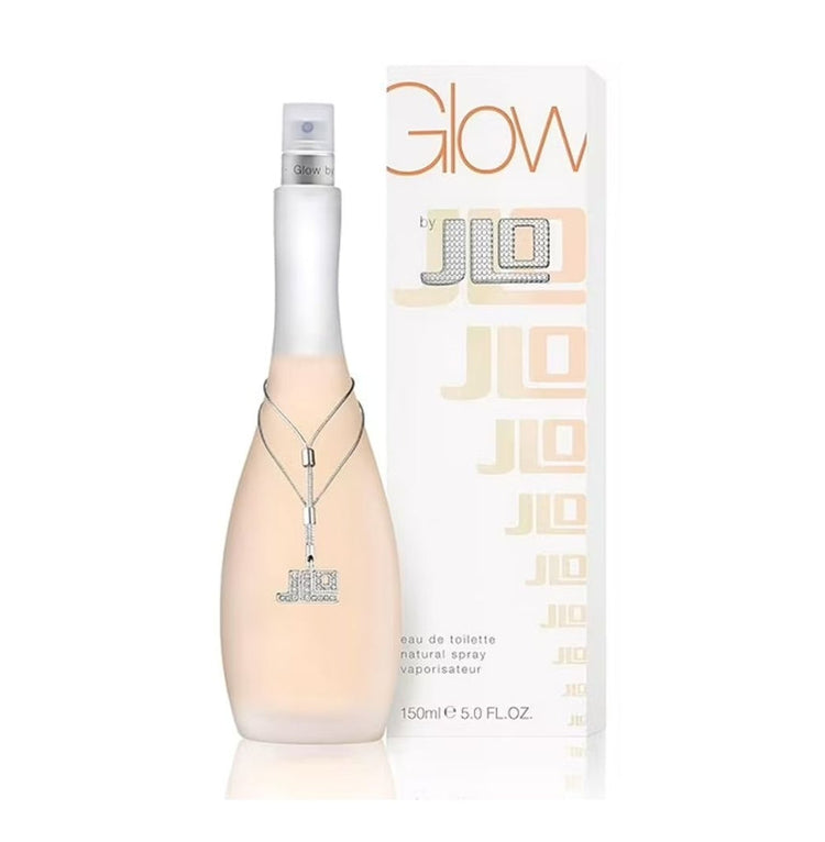 Spray bottle of Glow by Jennifer Lopez Eau de Toilette for women, 5 oz, with elegant perfume packaging visible.