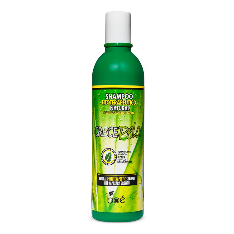 Farmacias Savia Boe Crece Pelo natural phytotherapeutic shampoo in a 12.5oz bottle, designed to promote healthy hair growth.