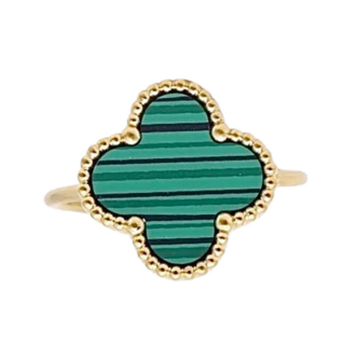 Gold Camila Clover Ring with Malachite stone, elegant jewelry piece featuring a clover design and vibrant green gemstone.