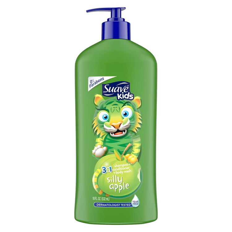 Suave Kids 3-in-1 shampoo, conditioner, and body wash in Silly Apple scent, 18 oz bottle, for gentle children&