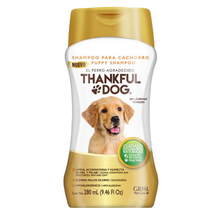 Thankful Dog Oatmeal Soap for Dogs in 9.46 oz container, natural pet care product with dog illustration on label