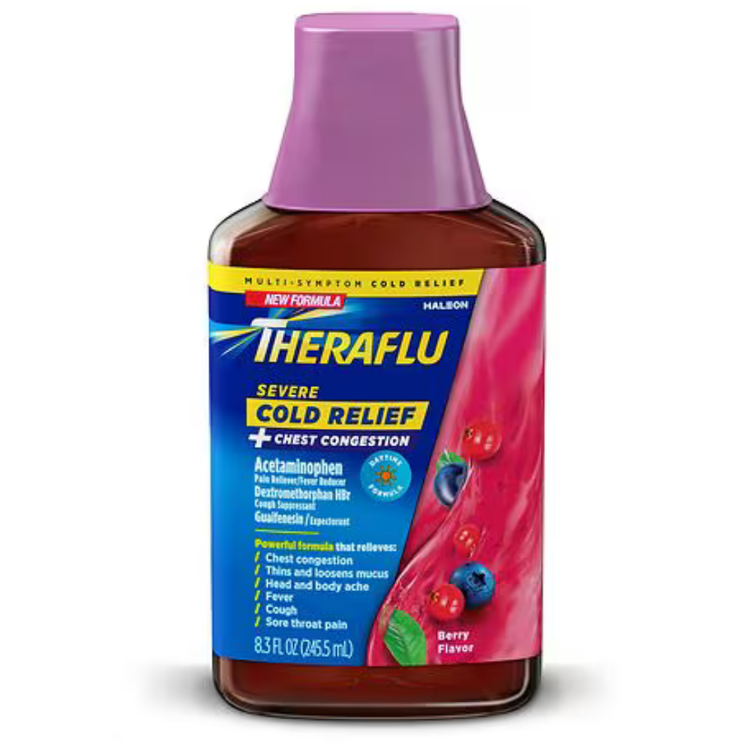 Bottle of Theraflu Severe Cold & Flu Syrup by Farmacias Savia, 8.3 oz, with label showing product name and dosage information.