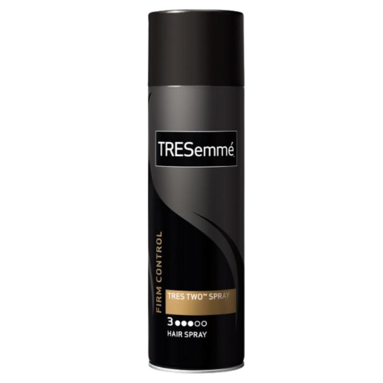 TRESemmé Tres Two Extra Hold Finishing Spray for hair, 11 oz bottle with spray nozzle, showcasing the product in its packaging
