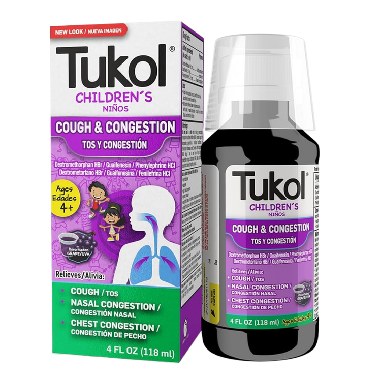 Children’s Tukol Cough Syrup in 4 oz bottle by Farmacias Savia, featuring a clear liquid with a child-friendly packaging design.