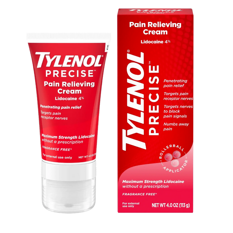Tylenol Precise 4% Lidocaine Pain Relief Cream in 4oz tube, featuring UPC 743001720260, for localized pain relief.