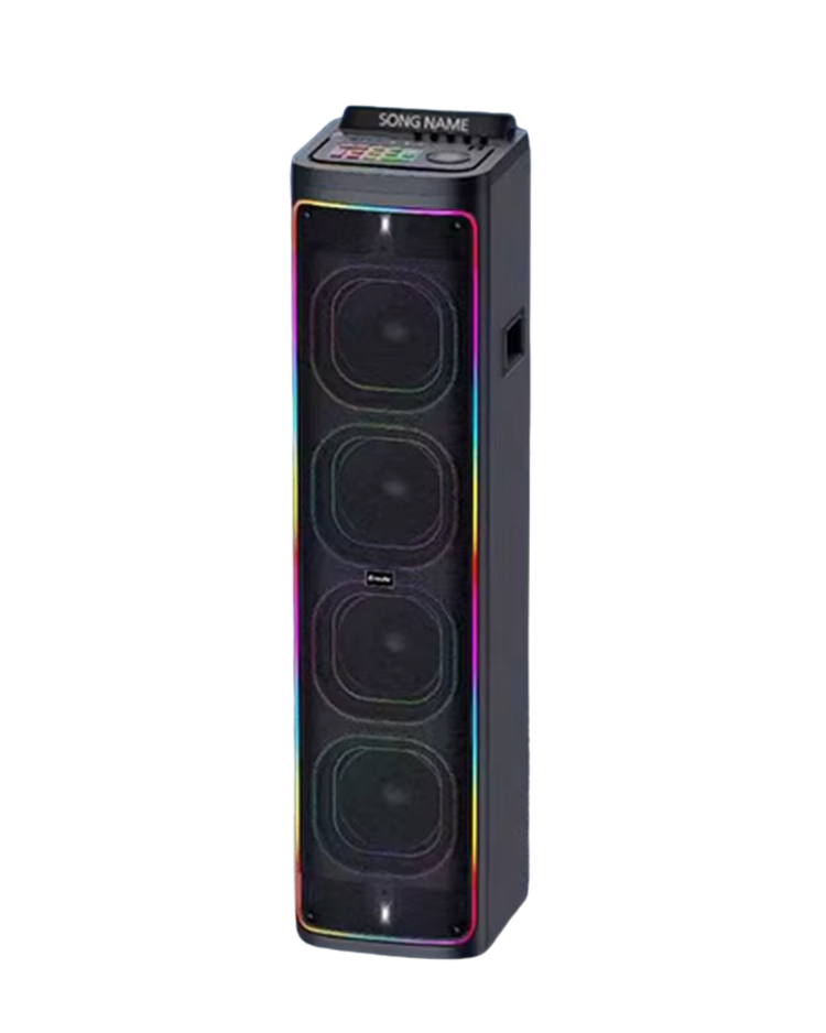 Farmacias Savia karaoke speaker with built-in microphone and colorful LED lights, ideal for parties and entertainment.