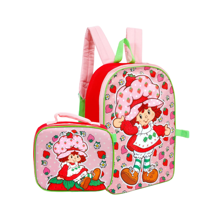 Strawberry Shortcake mochila with matching lunchbox by Farmacias Savia, featuring cute character design and colorful details.