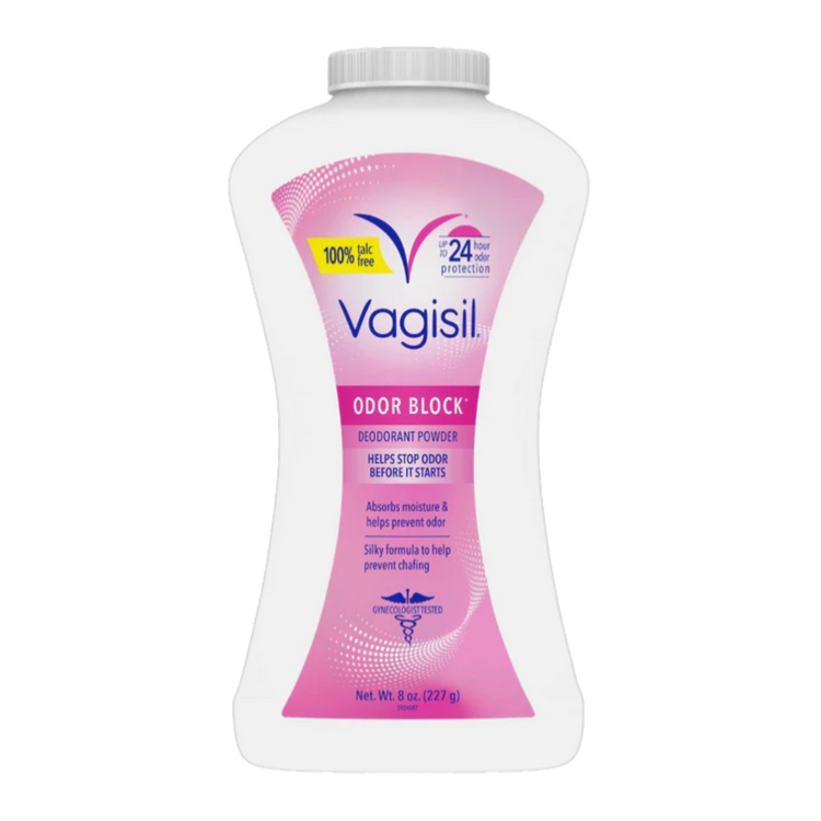 Vagisil odor and moisture control feminine powder in a white container, designed for feminine hygiene and freshness.