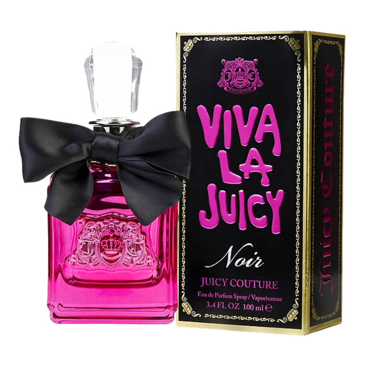Viva La Juicy Noir Eau de Parfum for women in 3.4 oz bottle, featuring elegant packaging and perfume spray.