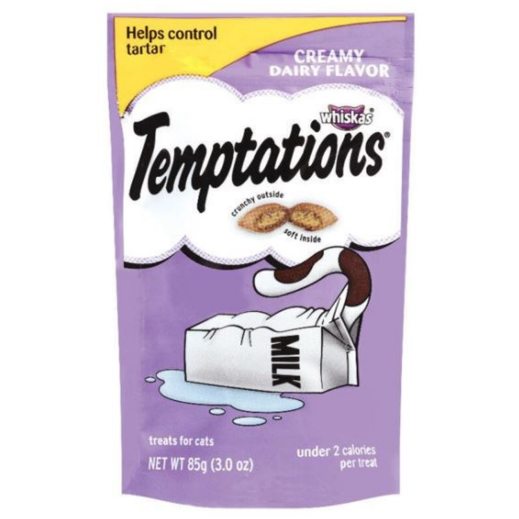 Whiskas Temptations Dairy cat treats in a 3 oz package, featuring creamy dairy flavor and tempting snack texture.