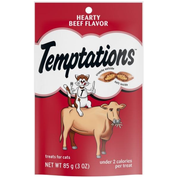 Whiskas Temptations Hearty Beef cat food snack in 3 oz pouch, featuring tender beef pieces in a flavorful alimentación package.