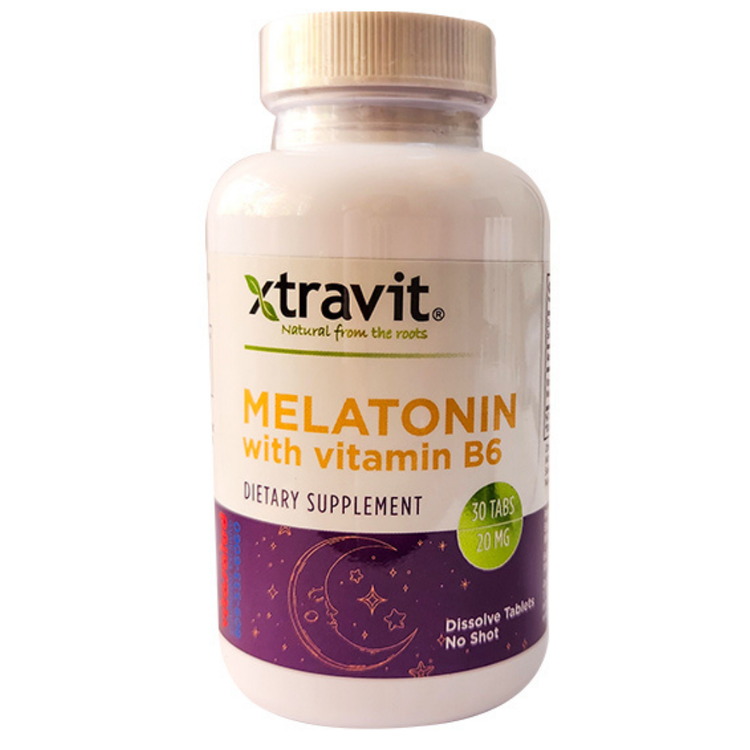 Xtravit Melatonin with Vitamin B6 tablets in a white bottle, 30-count, supplement for sleep support, by Farmacias Savia.