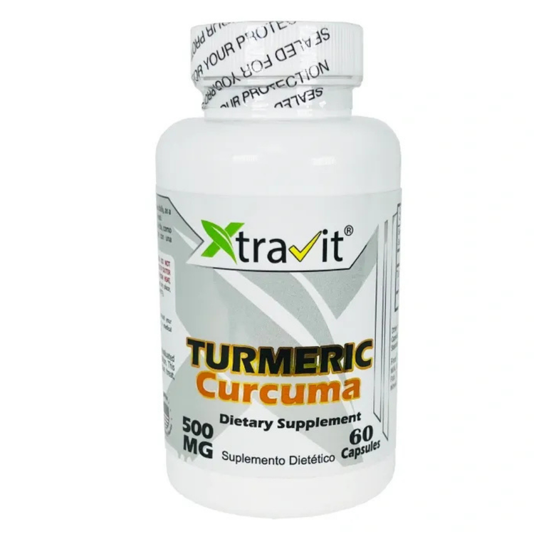 Xtravit Turmeric Curcuma capsules in a bottle, dietary supplement with 60 capsules for health and wellness.