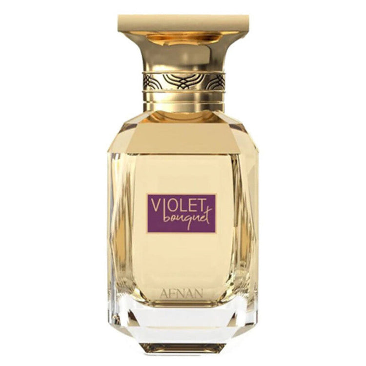 Afnan Ladies Violet Bouquet EDP 2.7 oz perfume bottle with floral violet design, showcasing a feminine fragrance.