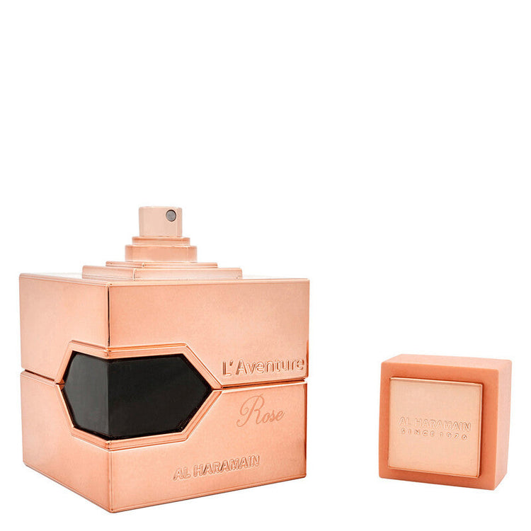 Al Haramain L’Aventure Rose women’s Eau de Parfum spray, 3.4oz, featuring floral and rose notes in an elegant perfume bottle.
