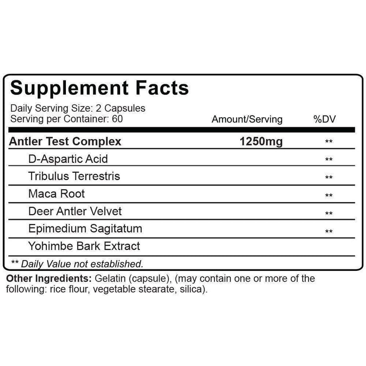 Red Deer antler test testosterone booster capsules from NutraKey, shown with supplement facts on a label.