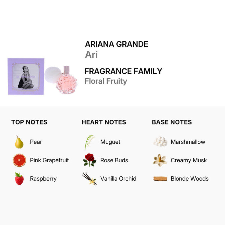 Ariana Grande ARI Eau de Parfum Spray for Women in 3.4oz bottle, featuring floral and fruity fragrance, with the spray nozzle visible.