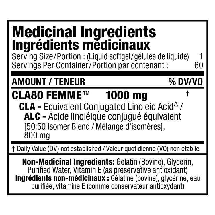 Allmax CLA 80 Femme softgels for weight loss, dietary supplement bottle with 60 softgel capsules, natural health product