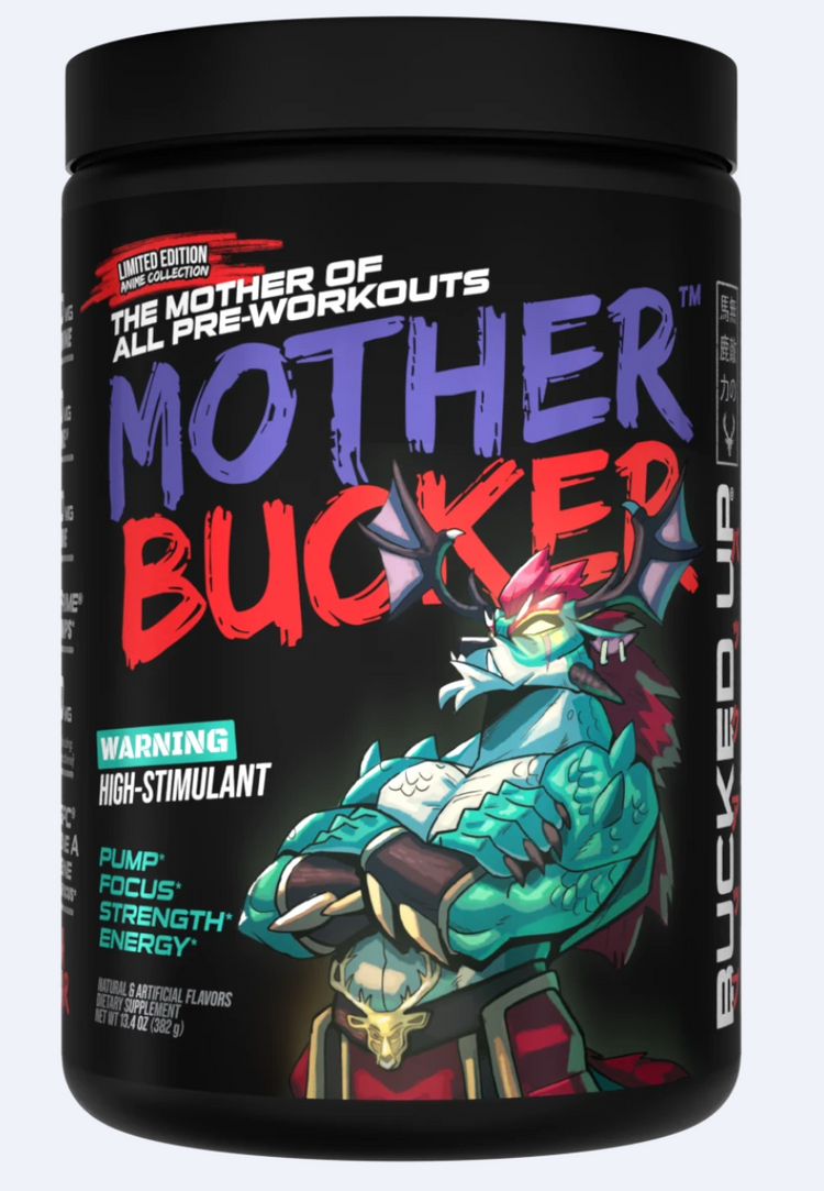 Bucked Up MOTHER BUCKER high-stimulant pre-workout formula by Comito Wellness in a sports supplement container.