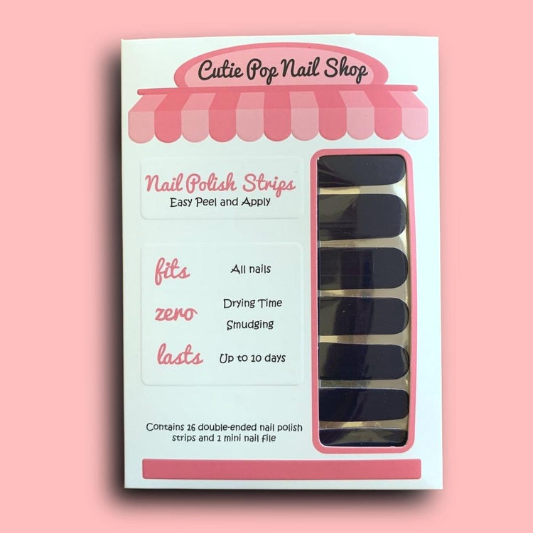 Black nail strips from Cutie Pop Nail Shop, showcasing stylish adhesive nail art strips for easy at-home manicures.