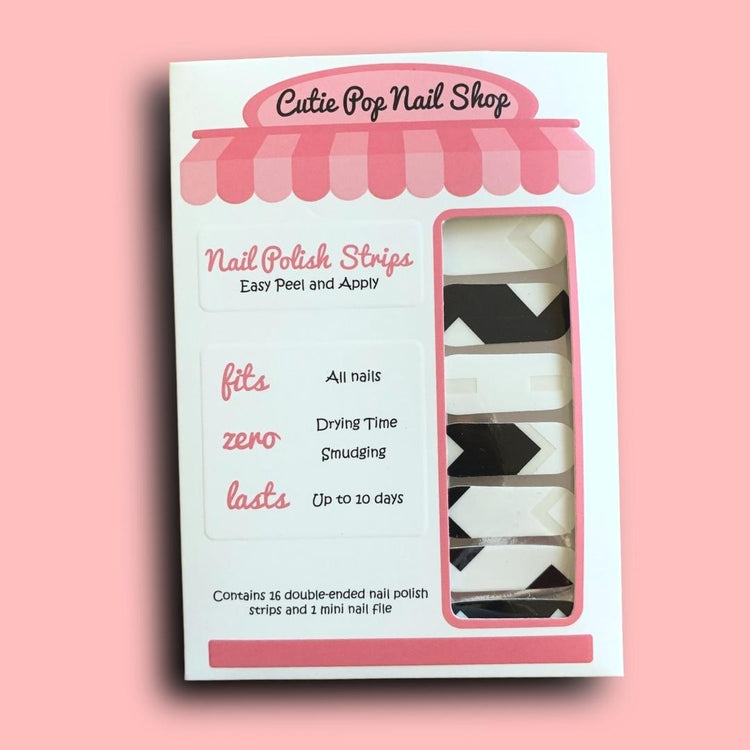 Black and white abstract nail strips by Cutie Pop Nail Shop, transparent design with modern geometric pattern.