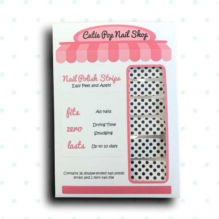 Close-up of Cutie Pop Nail Shop Dots or Spots nail strips with colorful dot and spot patterns on a white background.
