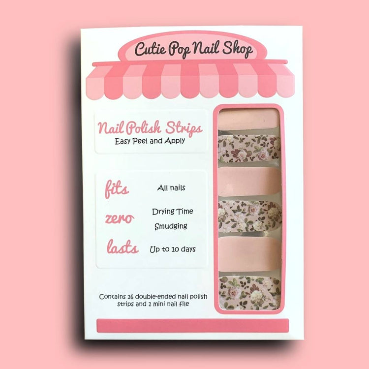 Dusty Rose nail strips by Cutie Pop Nail Shop, featuring elegant pink and beige designs for stylish manicures.