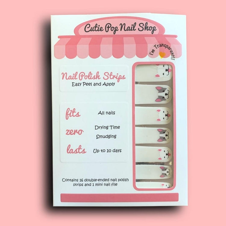 Clear Frenchie nail strips by Cutie Pop Nail Shop featuring cute French bulldog design on transparent nail strips.