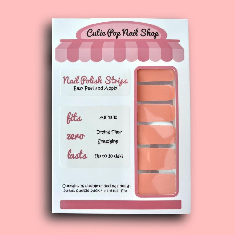 Cutie Pop Nail Shop Just Peachy nail strips with peach and pink floral design on clear background, perfect for a fresh manicure.