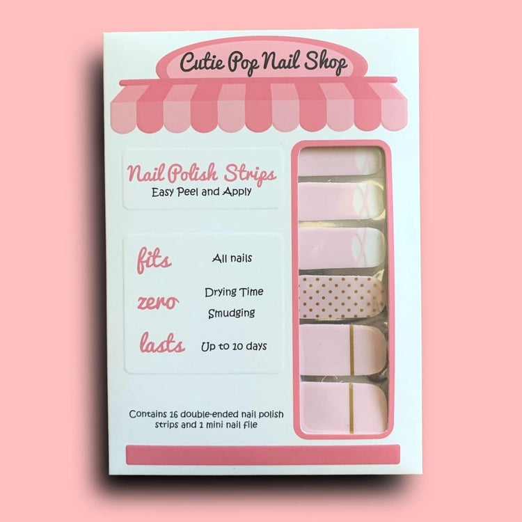 On Pointe nail strips by Cutie Pop Nail Shop, featuring elegant, natural-looking nail designs on a neutral background.