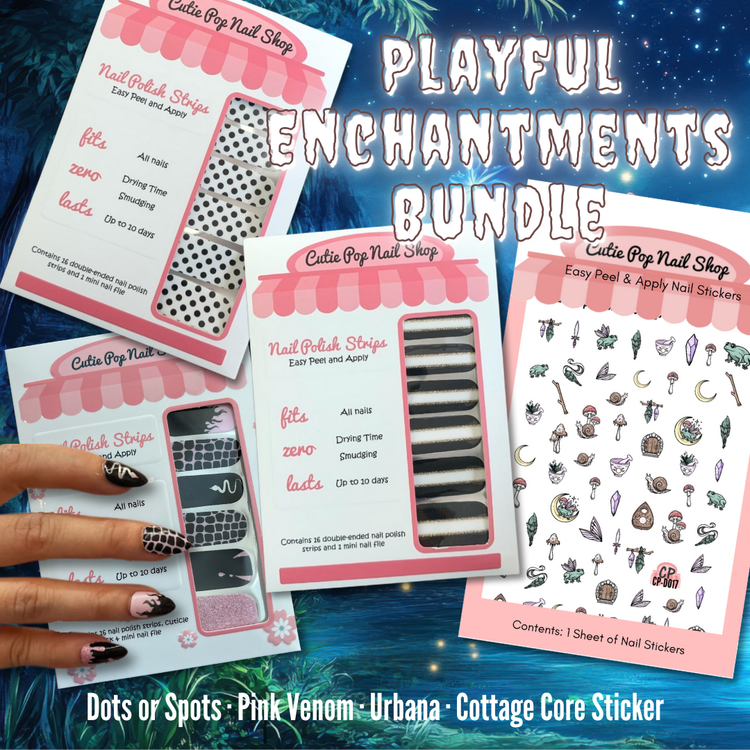 Playful Enchantments press-on nail strips from Cutie Pop Nail Shop, colorful and fun nail bundle set with playful designs.