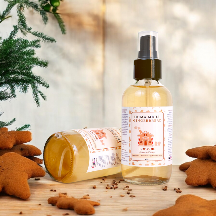 Duma Mbili LLC African Musk Gingerbread Body Oil in a 4 oz bottle, featuring warm gingerbread scent and smooth skin hydration