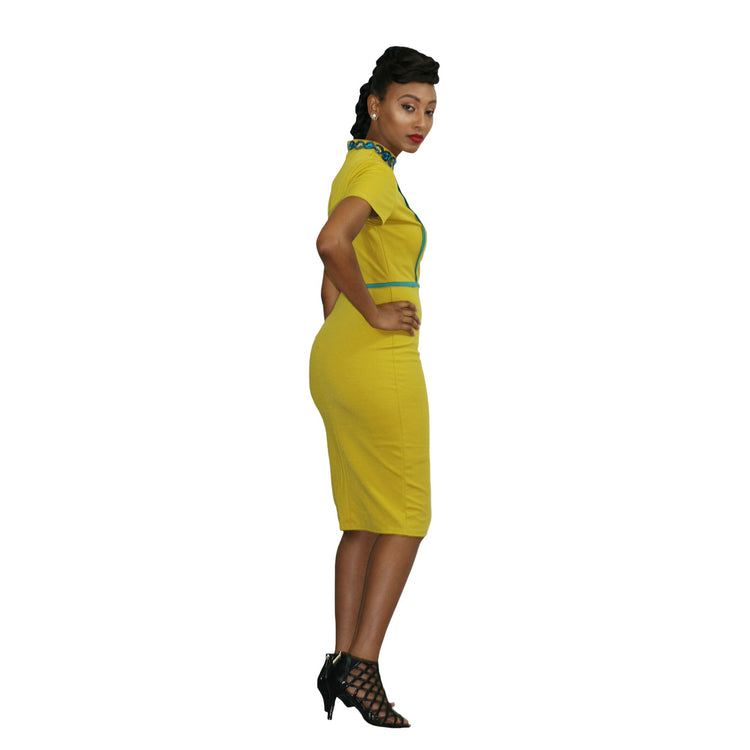 Duma Mbili LLC dashiki sequins pencil dress in vibrant fabric with sparkling sequin details, form-fitting and stylish for special occasions.