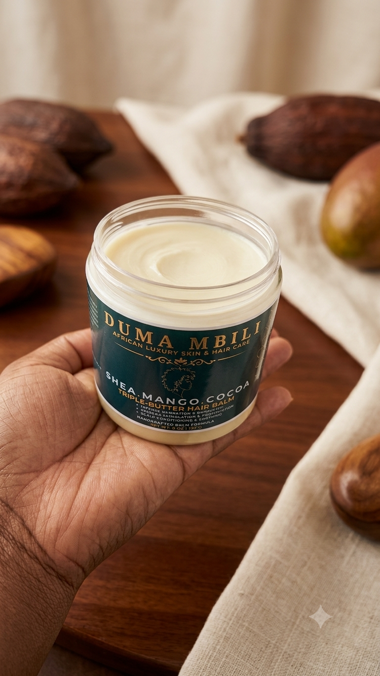 Duma Mbili Shea Mango Cocoa Triple-Butter Hair Balm jar showing creamy shea, mango, and cocoa butter texture for nourishing hair.