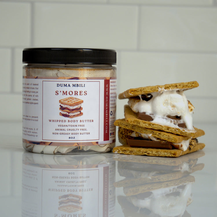 Duma Mbili LLC S’mores Whipped Body Butter in a 4oz jar, creamy textured body moisturizer with chocolate and marshmallow scent