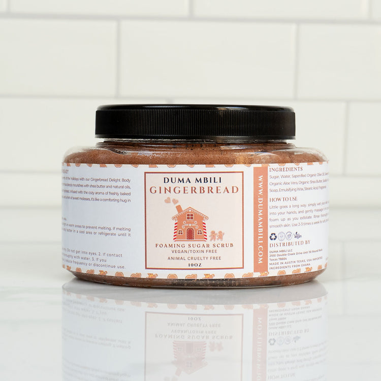 Duma Mbili LLC Gingerbread Foaming Sugar Scrub in a whipped body butter container, showcasing the gingerbread scent and creamy texture.